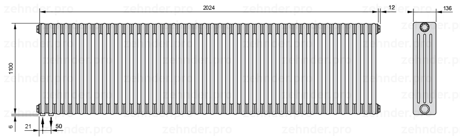 Схема (чертеж) Радиатор Zehnder Charleston 4110/44 №3370 Белый глянцевый RAL 9016